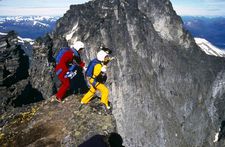 Carl Boenish leaping with Jean Boenish: "Death is ever-present, whether we're BASE jumping or just living."